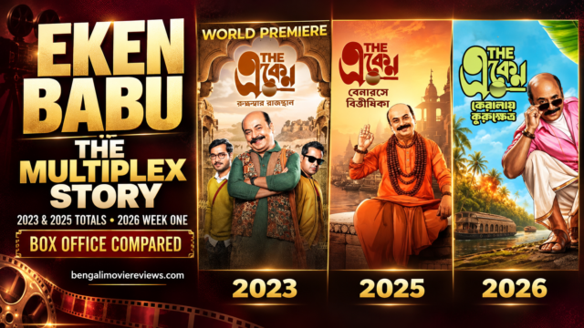 Eken Babu franchise posters for Rajasthan 2023, Benaras 2025 and Kerala 2026 — multiplex box office compared
