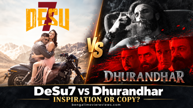 DeSu7 and Dhurandhar poster artwork side by side, with Dev, Subhashree and Ranveer Singh.