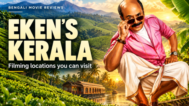 Eken Babu in an illustrated Kerala landscape with tea hills and a houseboat