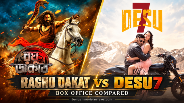 Raghu Dakat and DeSu7 film poster artwork with Dev on horseback and Dev with Subhashree on a motorcycle, for their box-office comparison.
